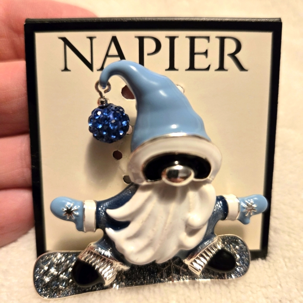 Napier New Silver Toned Snowboarding Gnome Dressed in Blue Enameled Pin Brooch